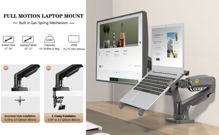 NB H180 Dual Monitor Arm with KALOC H2 Laptop Tray – Ergonomic Gas Spring Mount for Monitors and Laptops - Image 3