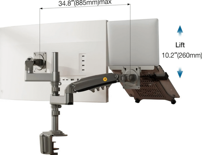 NB H180 Dual Monitor Arm with KALOC H2 Laptop Tray – Ergonomic Gas Spring Mount for Monitors and Laptops - Image 4