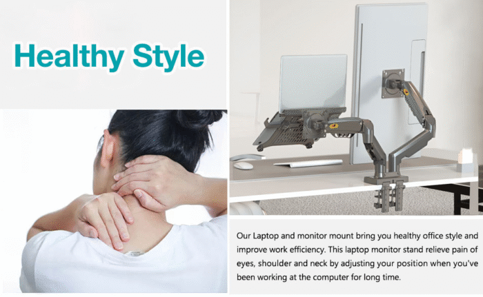 NB H180 Dual Monitor Arm with KALOC H2 Laptop Tray – Ergonomic Gas Spring Mount for Monitors and Laptops - Image 8