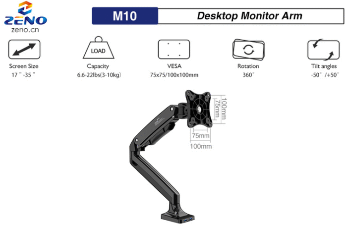 ZENO M10 Monitor Stand – Easy Adjustable Desktop Mount for 17”–35” Screens with USB Port - Image 9