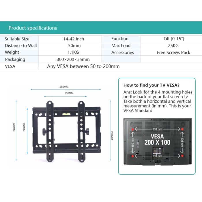 Premium TV Wall Mount Bracket 14–42 Tilt – Adjustable Slim Flat Panel LCD/LED Mount with Safety Lock - Image 8